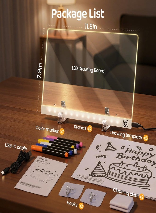 لوحة رسم LED بسبعة ألوان - لوحة ملاحظات LED أكريليك مع 7 أقلام، حامل، قالب رسم، لوحة رسائل مضيئة قابلة للمسح الجاف للغرفة/المكتب/العمل، هدية مثالية للأطفال في الأعياد (7.9 × 11.8 بوصة) - سلكية - Image 3